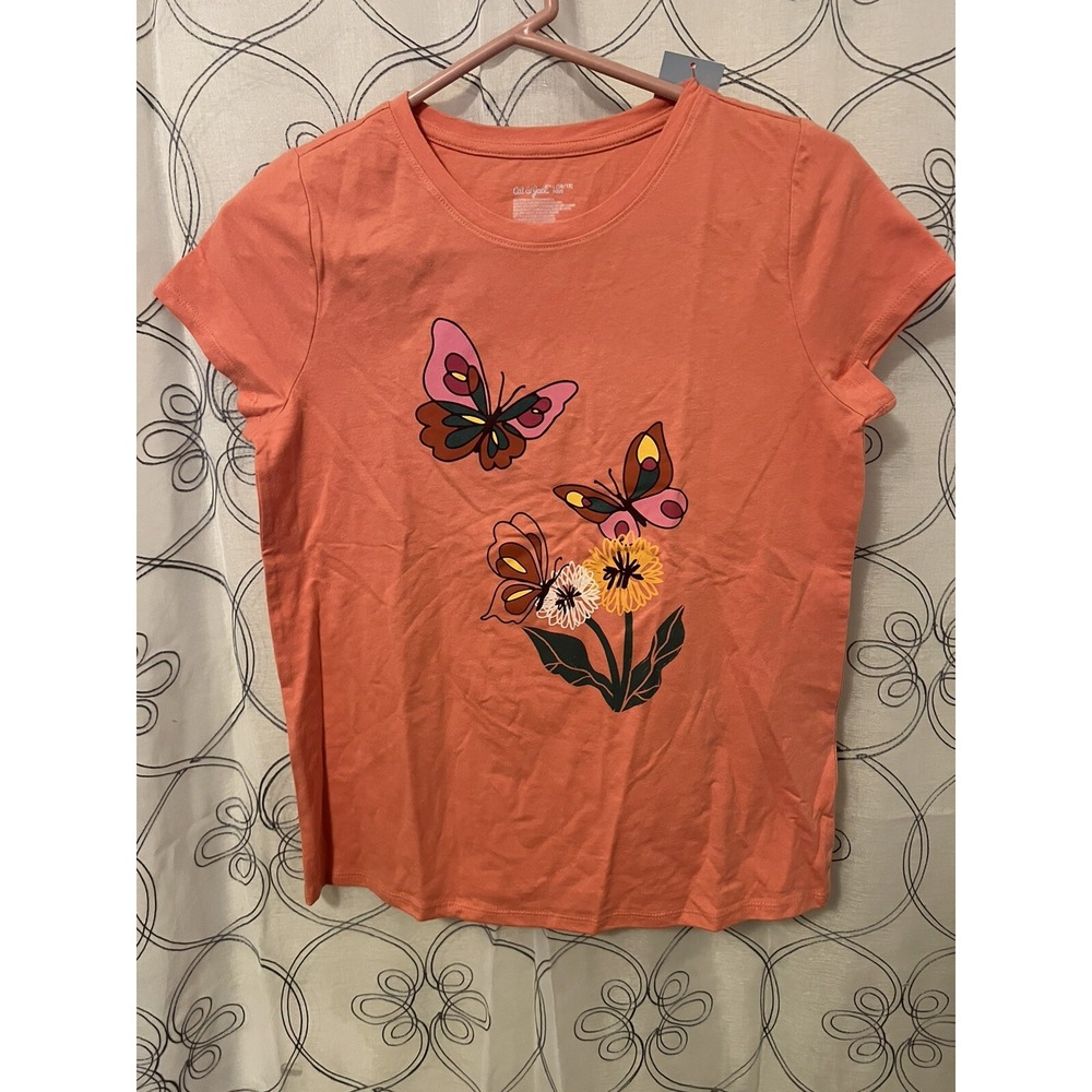 Cat & Jack Girls Dark Peach Butterfly Short Sleeve Shirt Size L (10/12) Plus